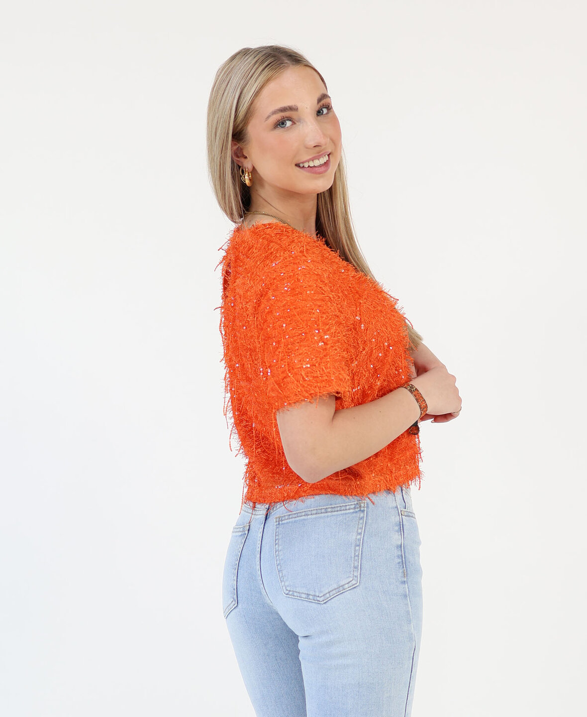 Feather Sequin Top Orange 