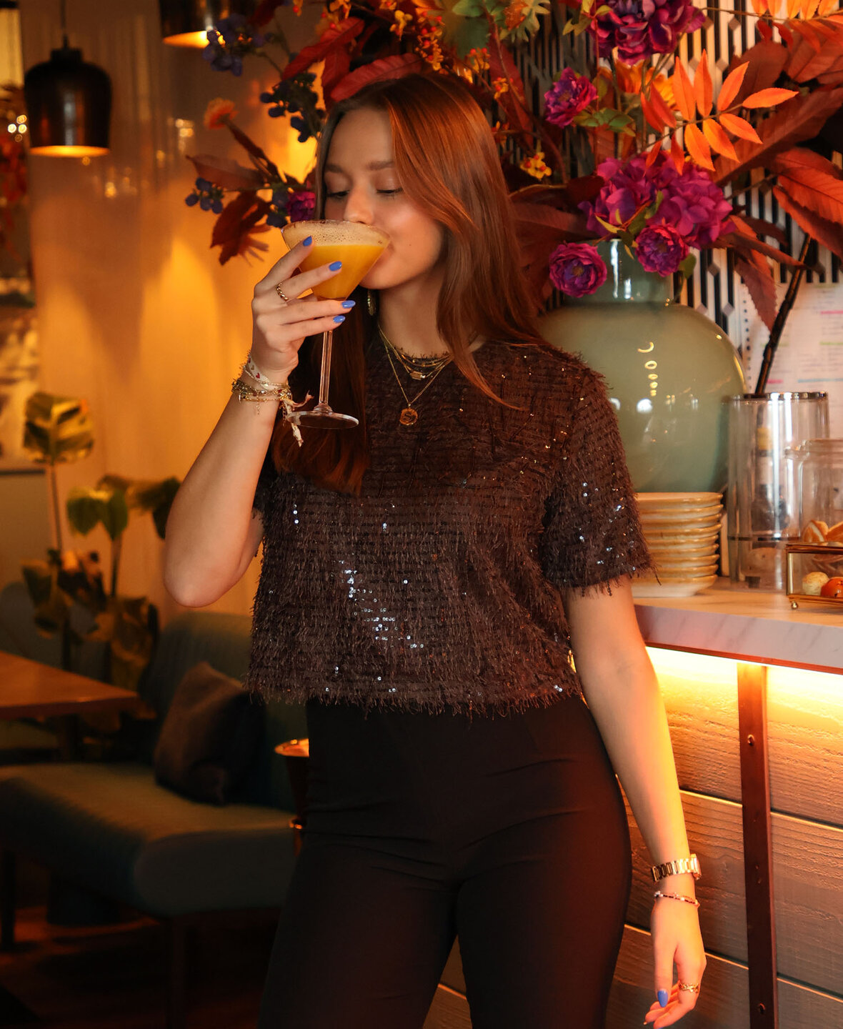 Feather Sequin Top Choco