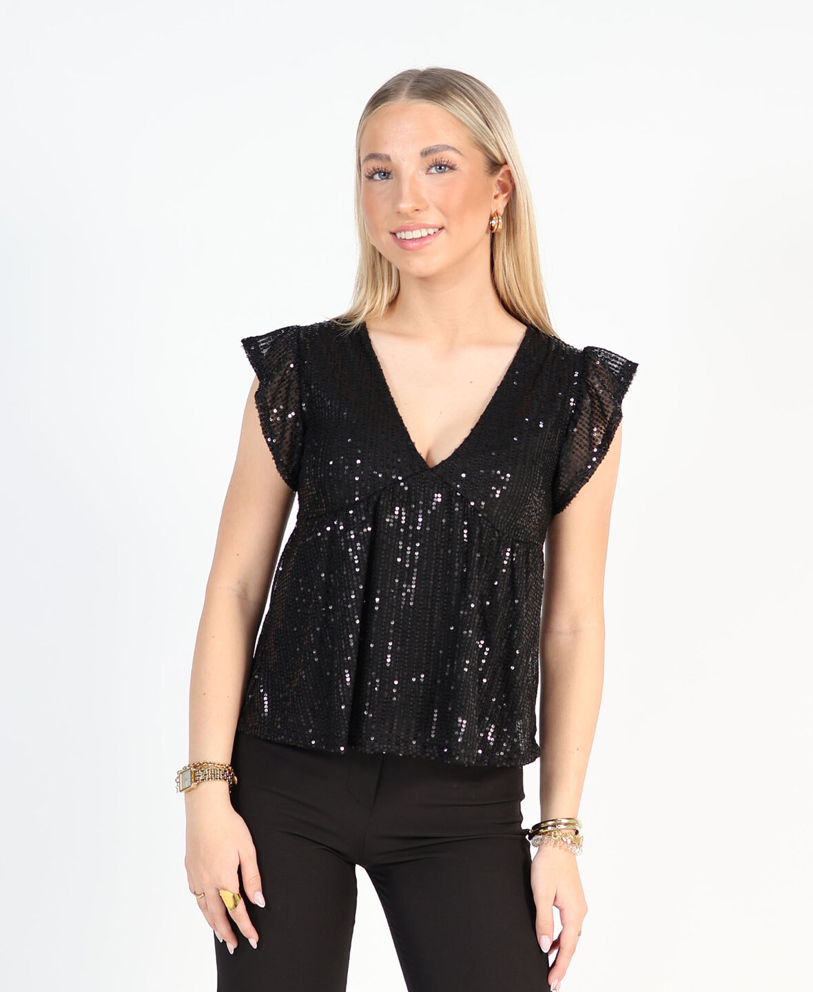 Ruffle Sequin Top Black