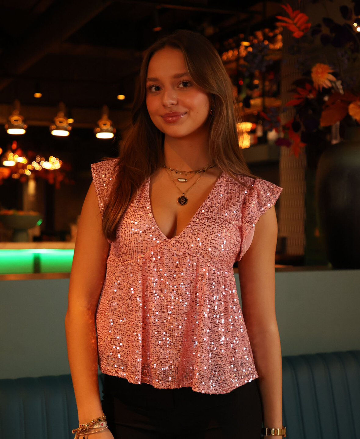 Ruffle Sequin Top Pink