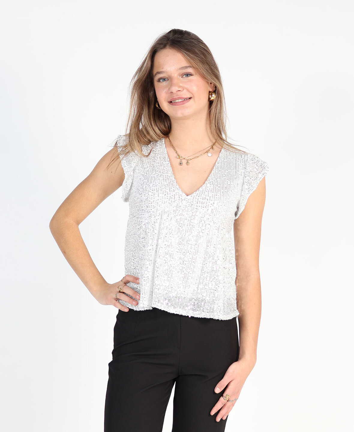 Ruffle Sequin Top White
