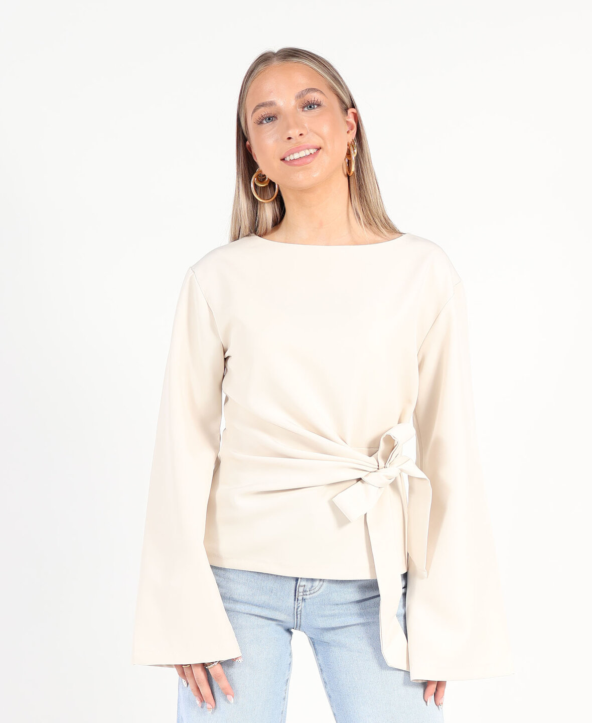 Knotted Sleeve Top Beige