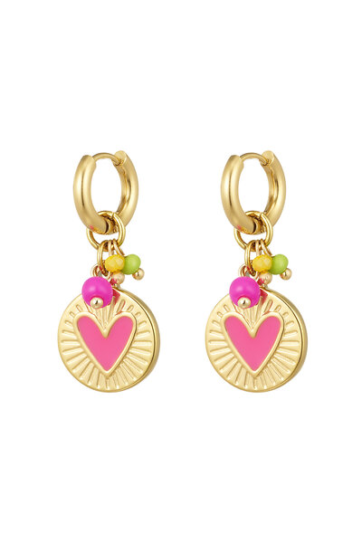 Coin Pendant Pink Earrings Gold